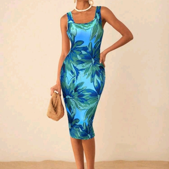 Summer Beach Woman Square Collar Print Bodycon Cami Pride Dress - Picture 3 of 4